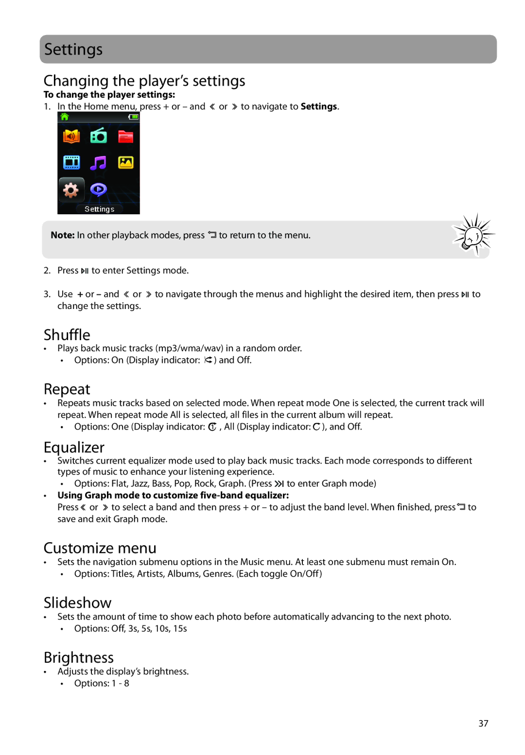 RCA M62 user manual Settings 