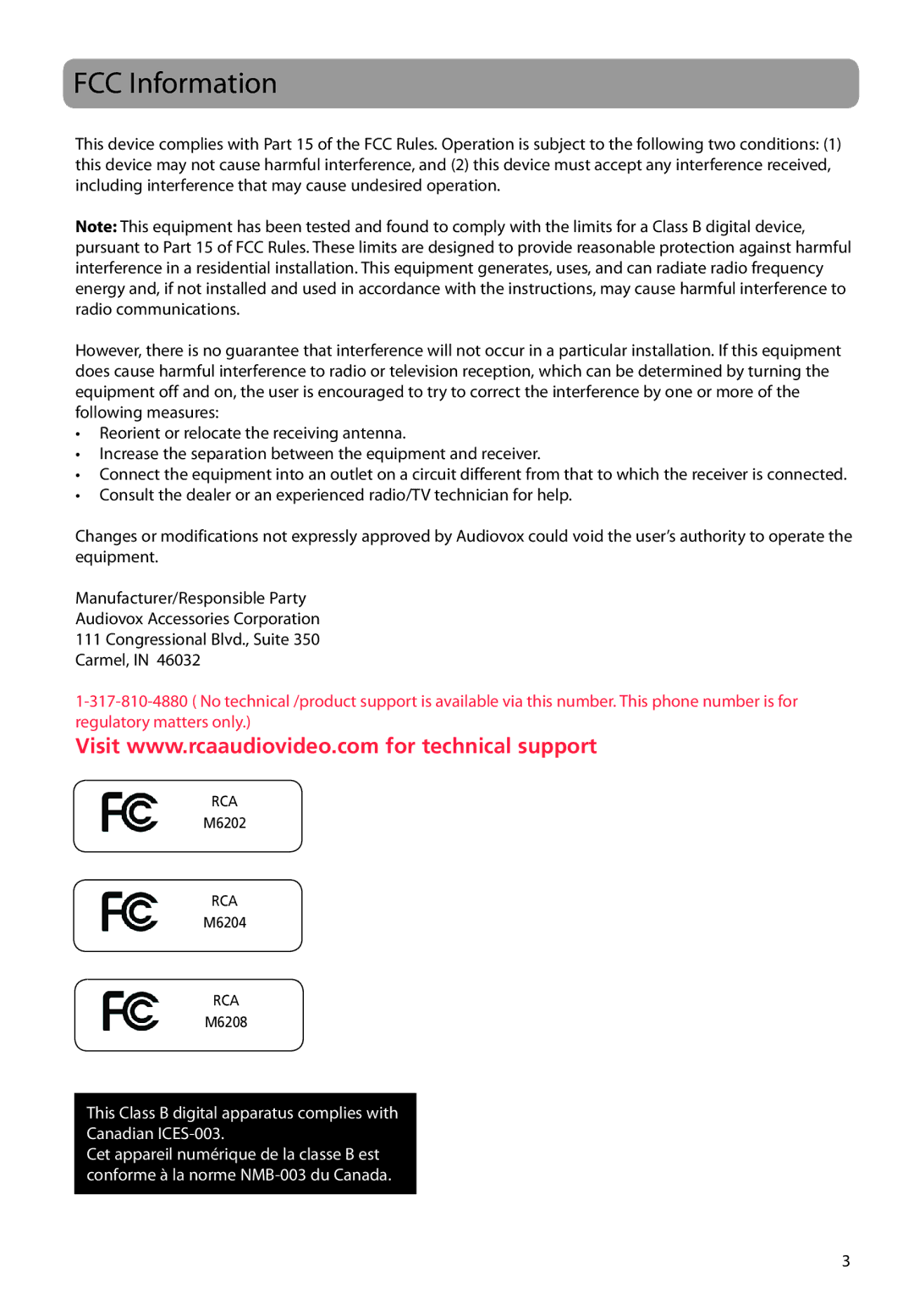 RCA M62 user manual FCC Information 