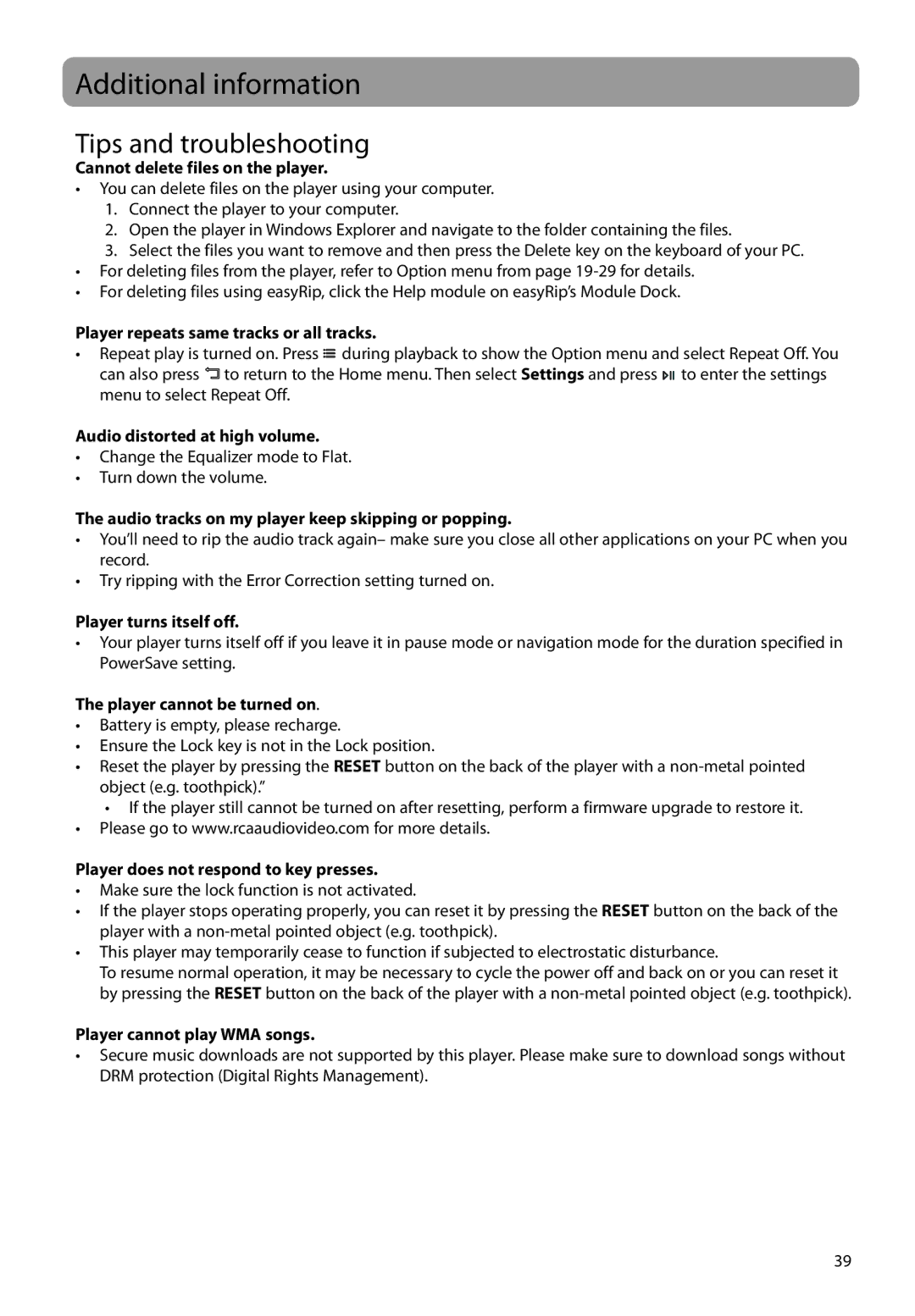 RCA M62 user manual Additional information, Tips and troubleshooting 