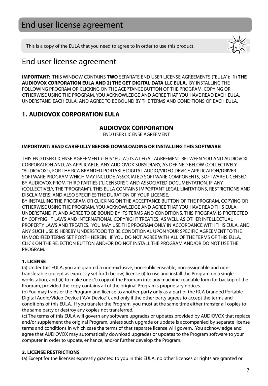 RCA M62 user manual End user license agreement, License Restrictions 