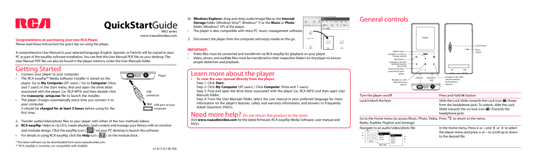 RCA M63 Series quick start QuickStartGuide, General controls, Getting Started, Learn more about the player 