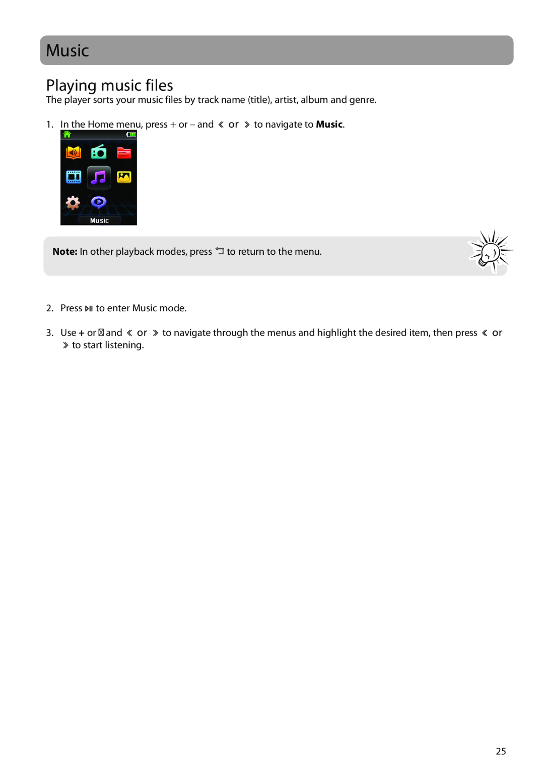 RCA M63 user manual Music, Playing music files 