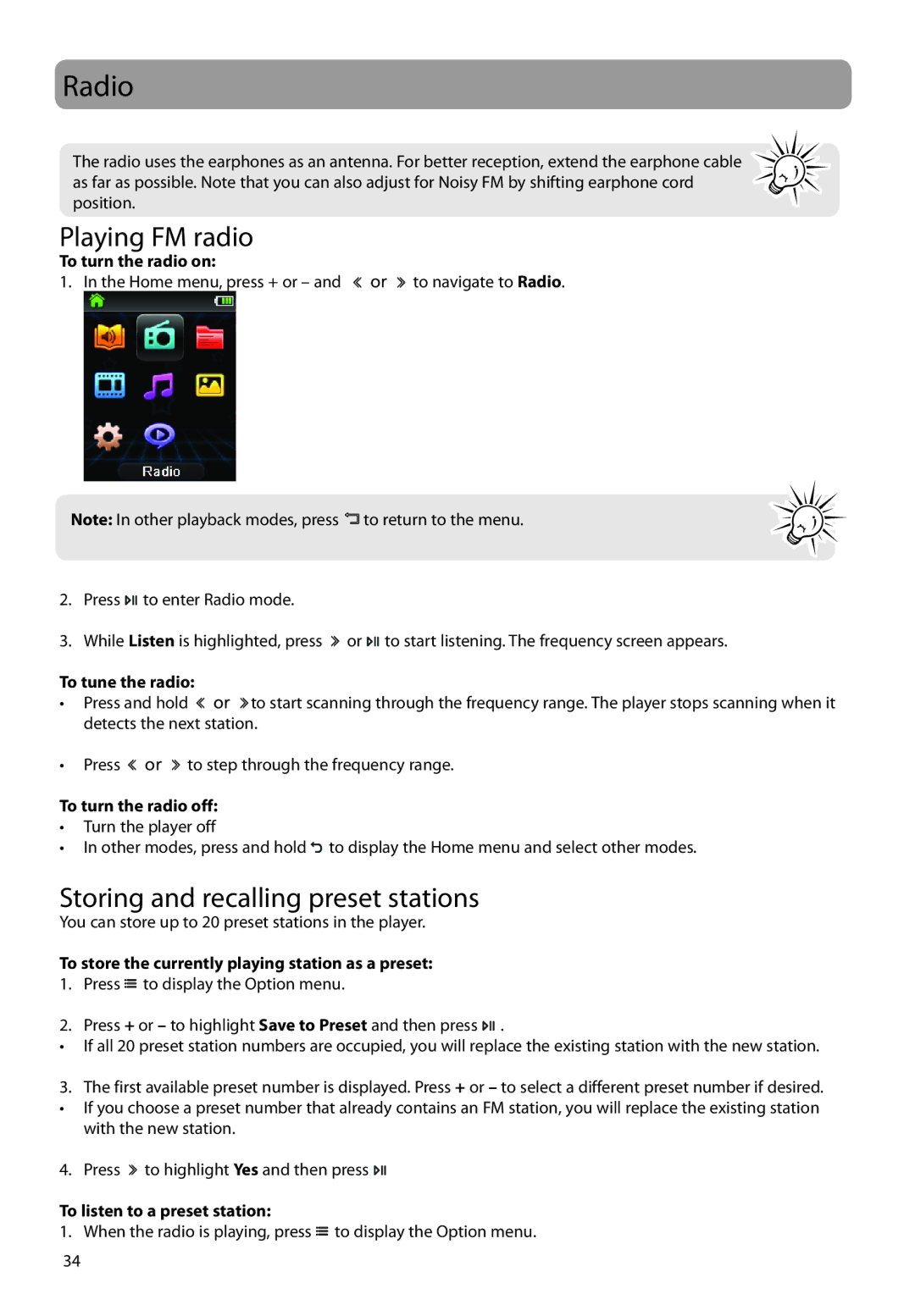 RCA M63 user manual Radio, Playing FM radio, Storing and recalling preset stations 