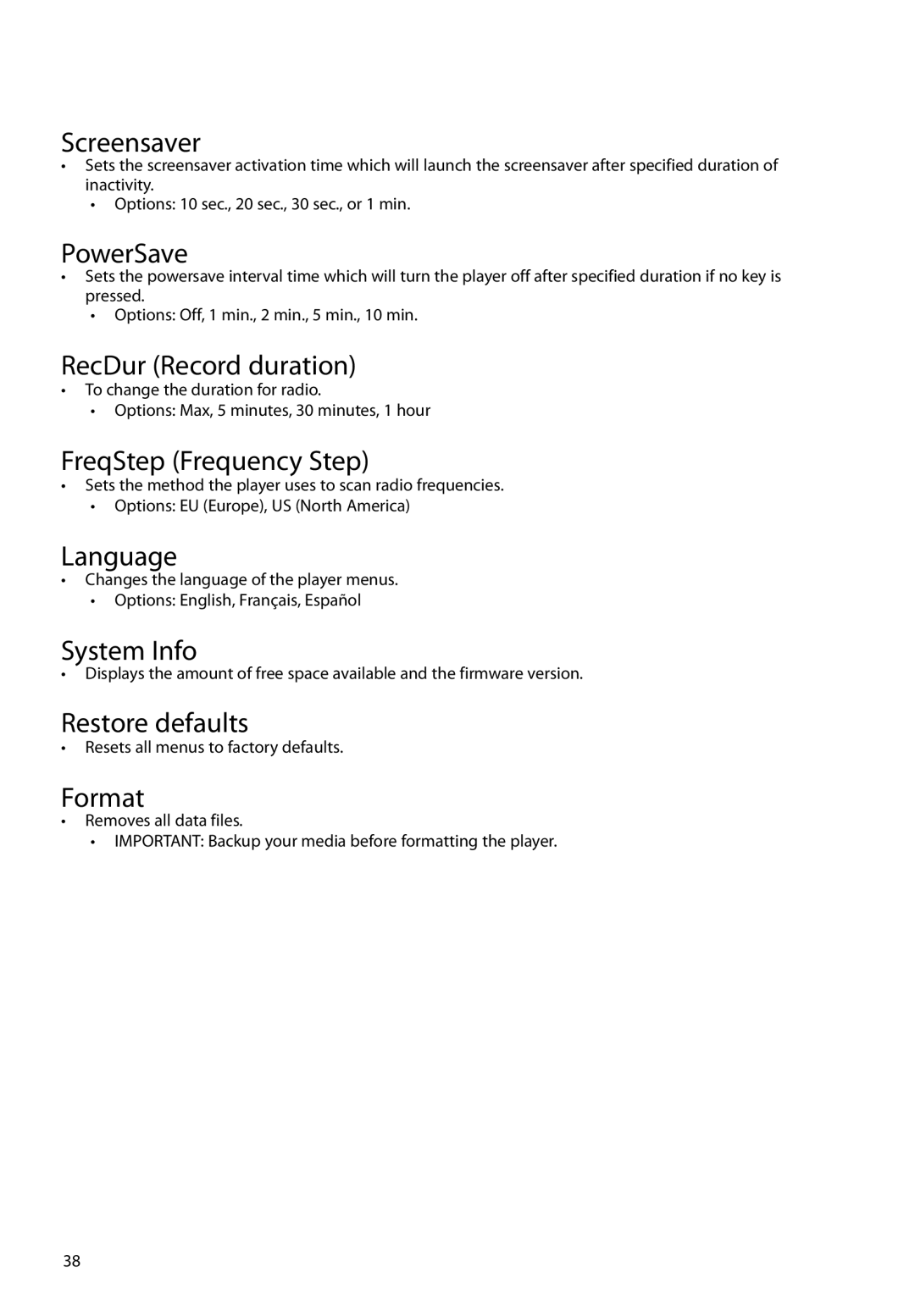 RCA M63 Screensaver, PowerSave, RecDur Record duration, FreqStep Frequency Step, Language, System Info, Restore defaults 