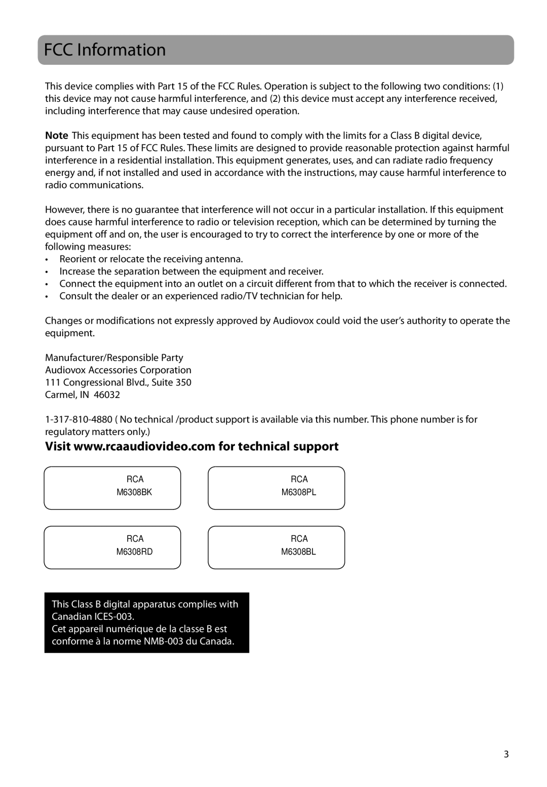 RCA M63 user manual FCC Information 