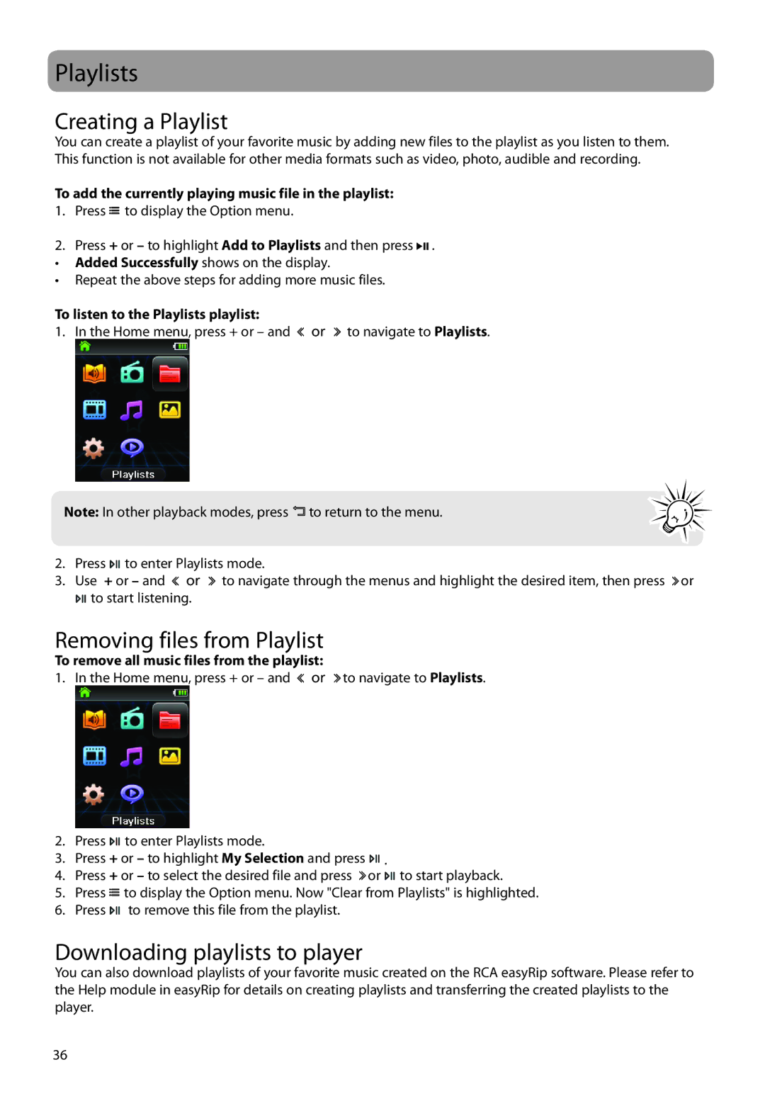 RCA M6316 user manual Playlists, Creating a Playlist, Removing files from Playlist, Downloading playlists to player 