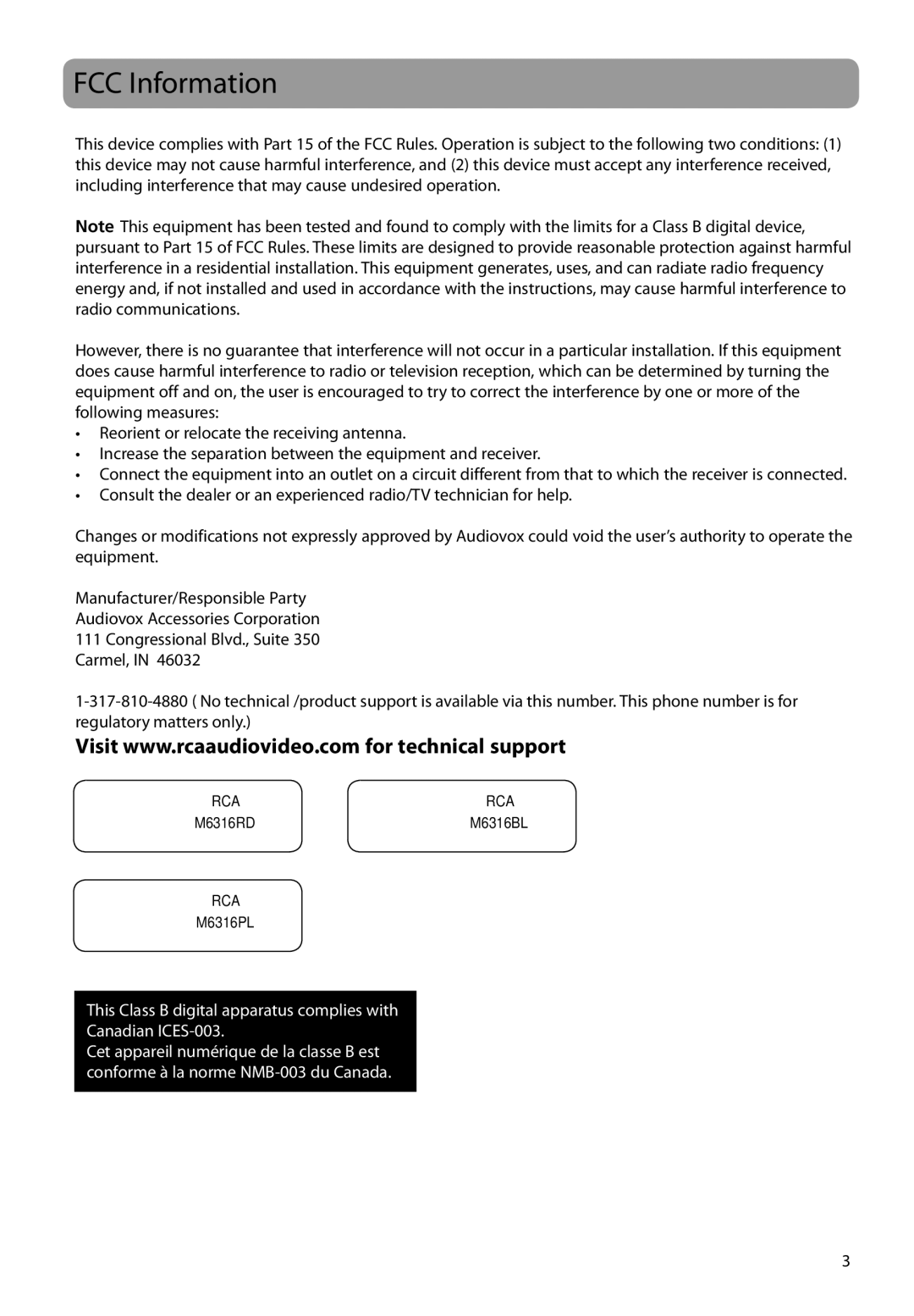 RCA M6316 user manual FCC Information 