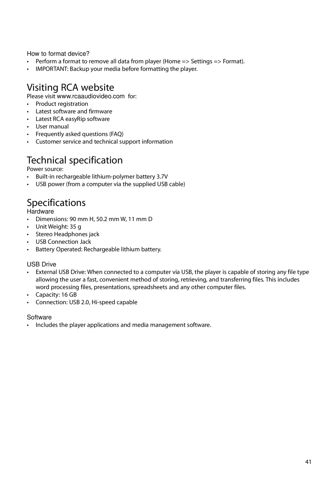 RCA M6316 user manual Visiting RCA website, Technical specification, Specifications 