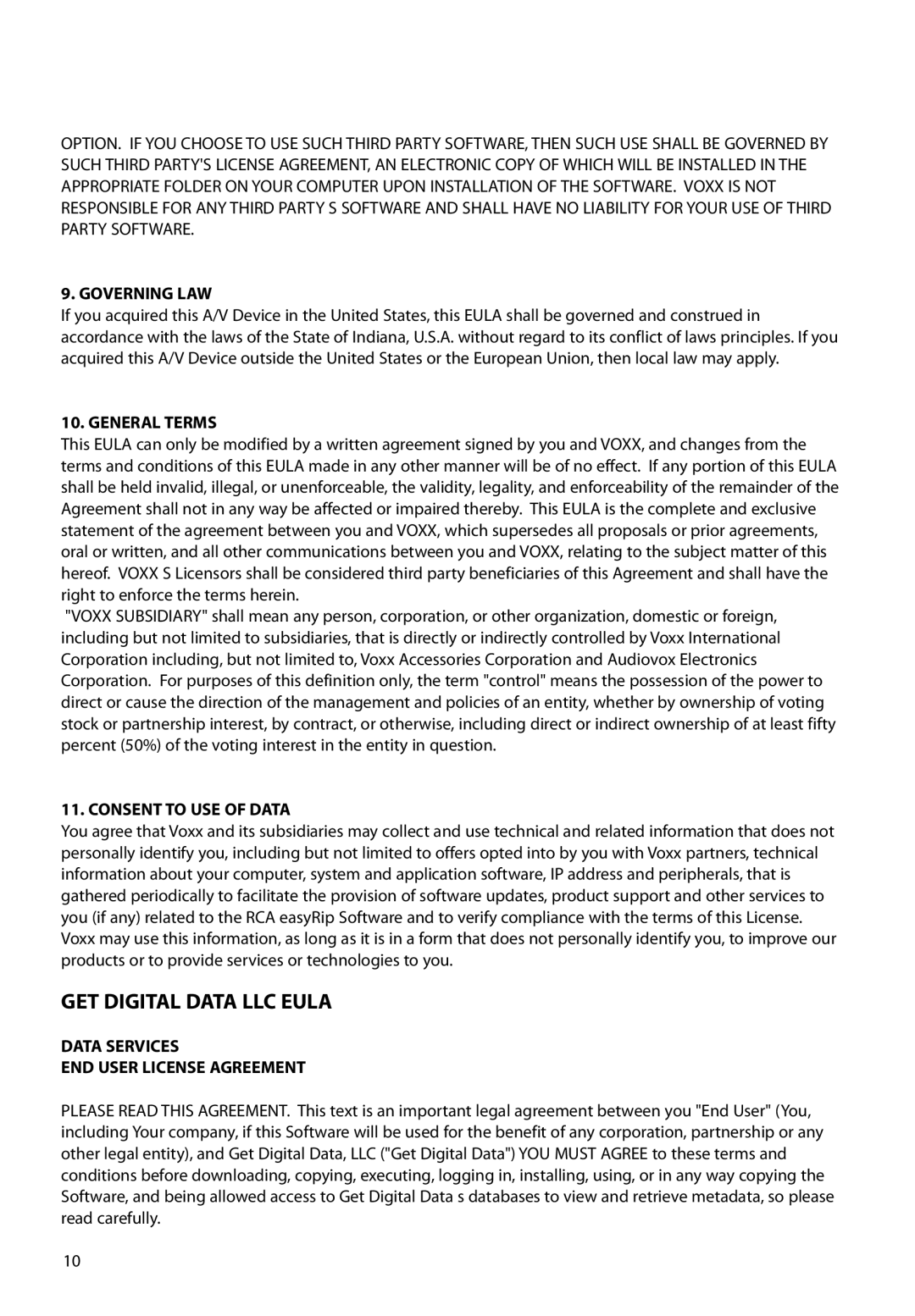 RCA M6504 user manual Governing LAW, General Terms, Consent to USE of Data, Data Services END User License Agreement 