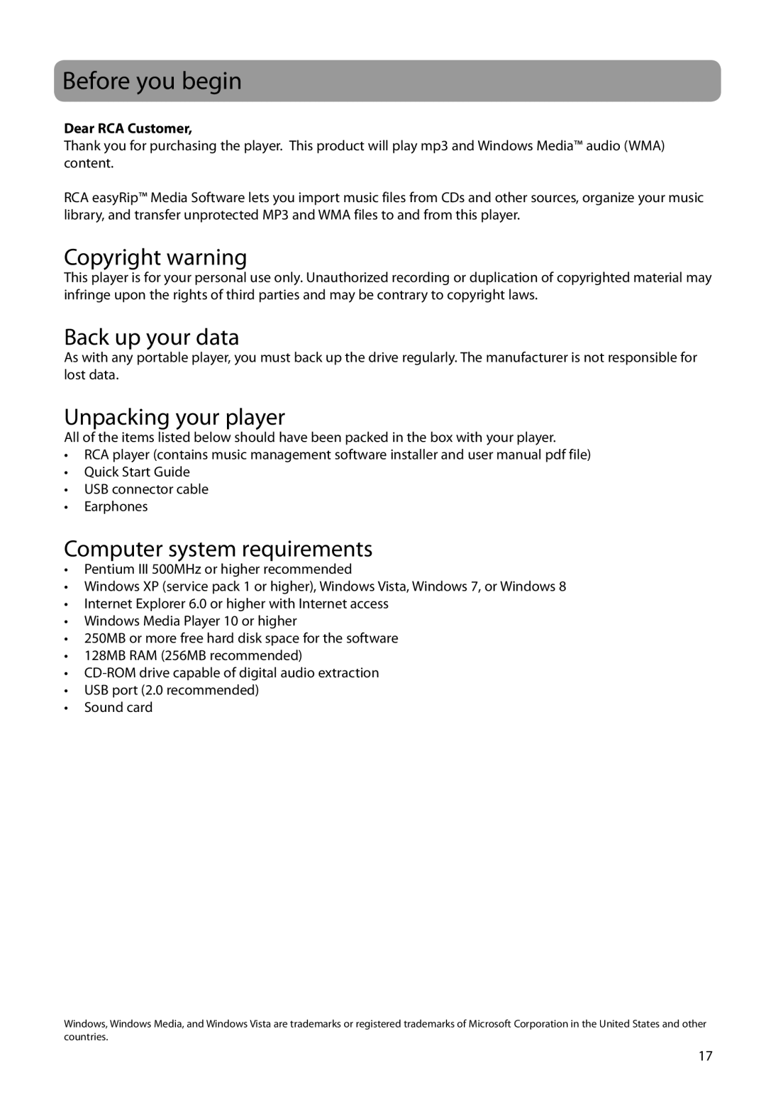 RCA M6504 Before you begin, Copyright warning, Back up your data, Unpacking your player, Computer system requirements 