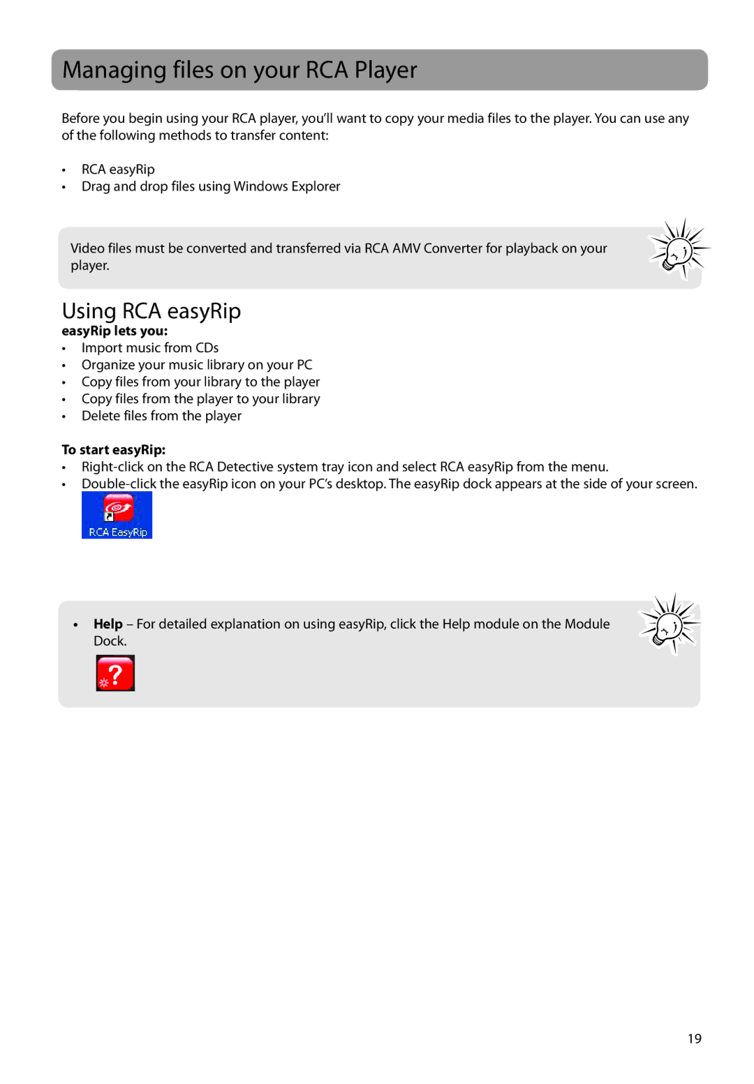 RCA M6504 user manual Managing files on your RCA Player, Using RCA easyRip, EasyRip lets you, To start easyRip 