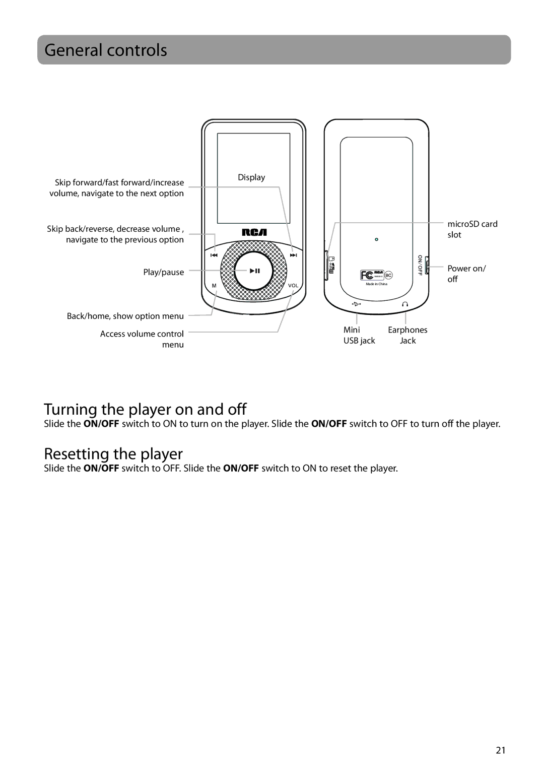 RCA M6504 user manual General controls, Turning the player on and off, Resetting the player 