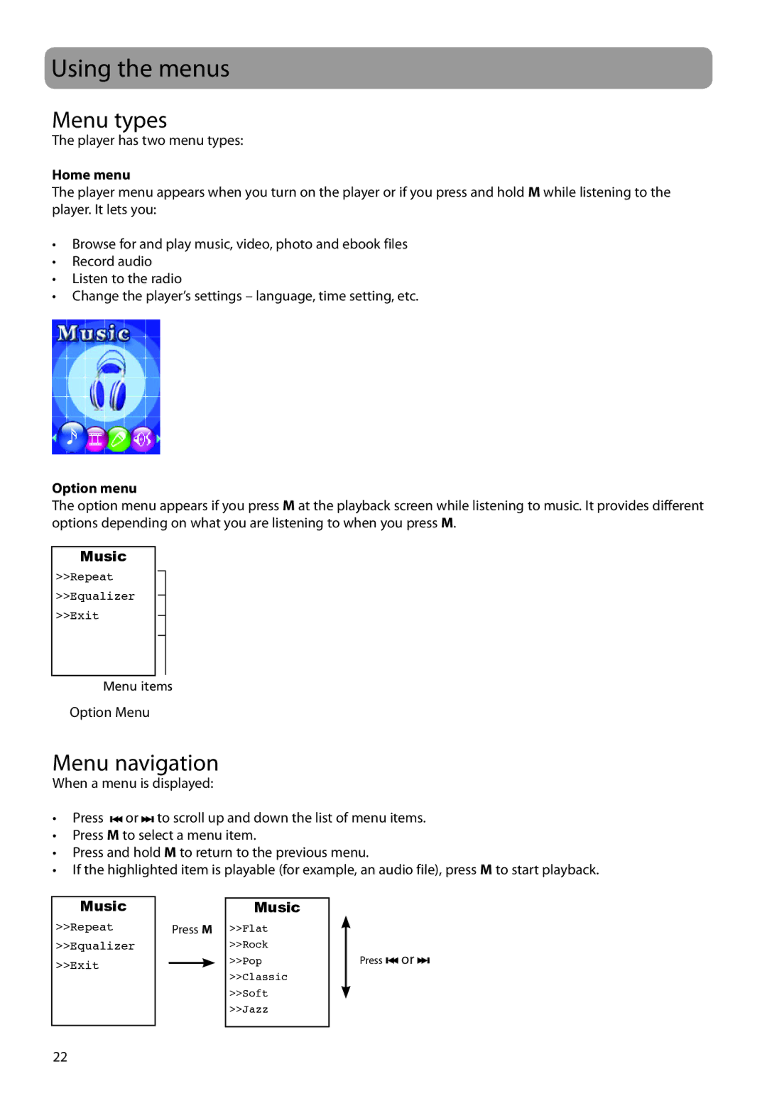 RCA M6504 user manual Using the menus, Menu types, Menu navigation 