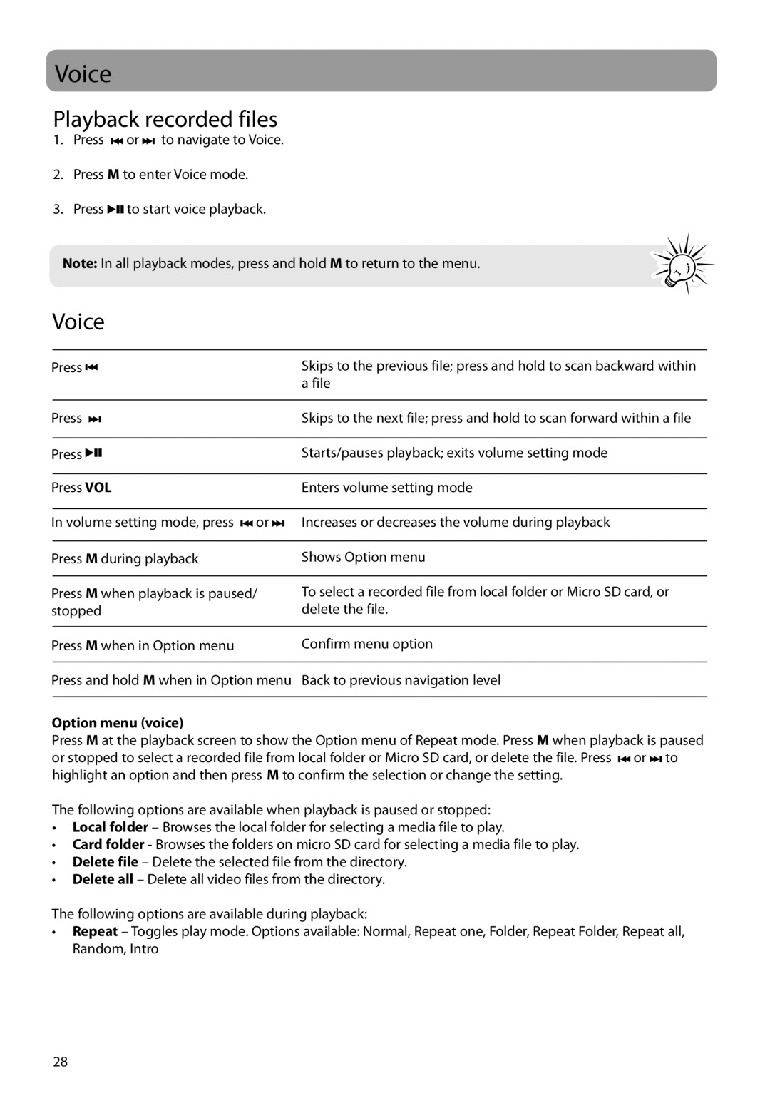 RCA M6504 user manual Voice, Playback recorded files, Option menu voice 