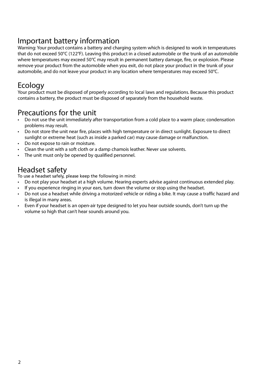 RCA M6504 user manual Important battery information Ecology, Precautions for the unit, Headset safety 