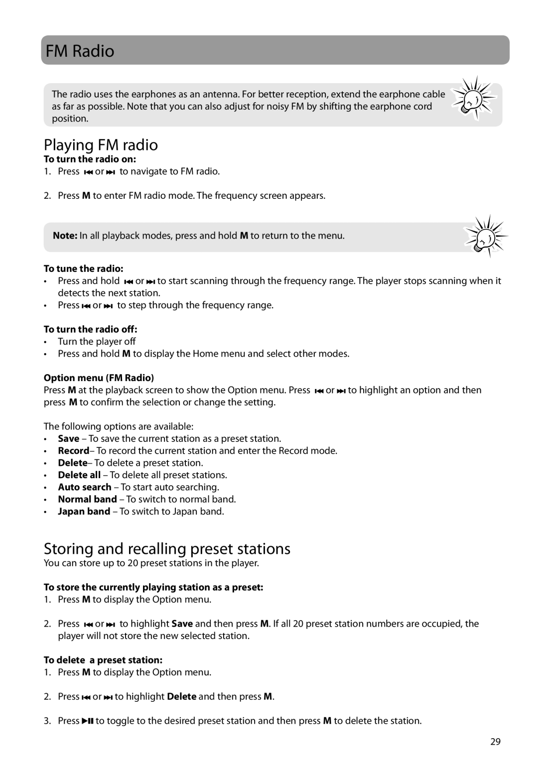 RCA M6504 user manual FM Radio, Playing FM radio, Storing and recalling preset stations 