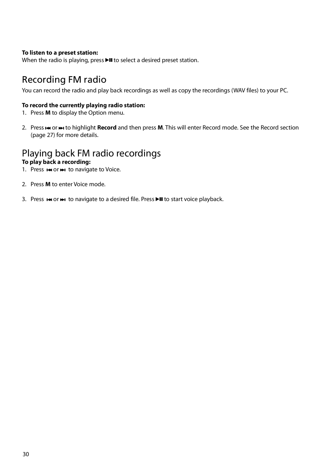 RCA M6504 Playing back FM radio recordings, To listen to a preset station, To record the currently playing radio station 