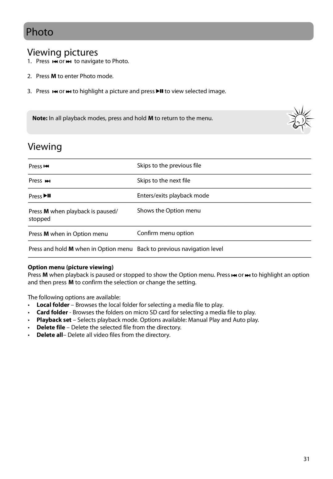 RCA M6504 user manual Photo, Viewing pictures, Option menu picture viewing 