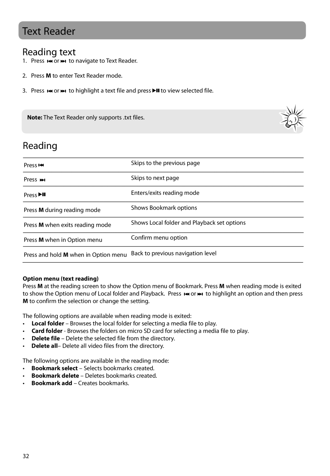 RCA M6504 user manual Text Reader, Reading text, Option menu text reading 