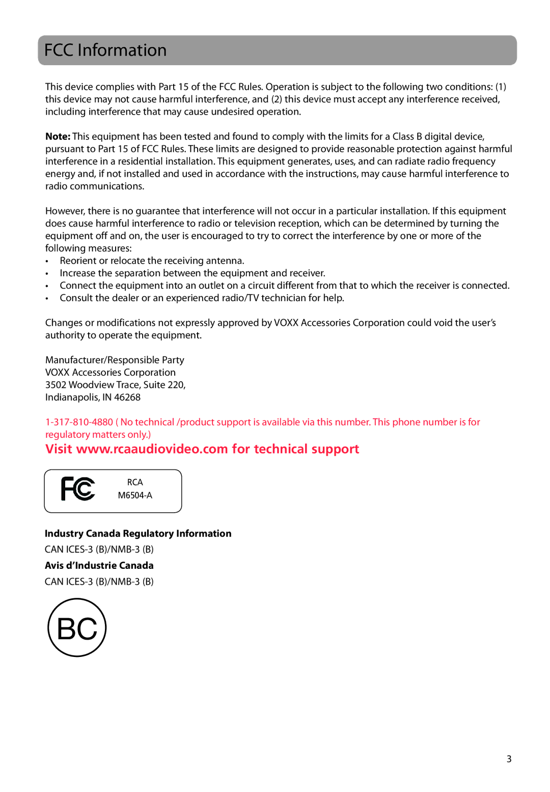 RCA M6504 user manual FCC Information, Industry Canada Regulatory Information, Avis d’Industrie Canada 