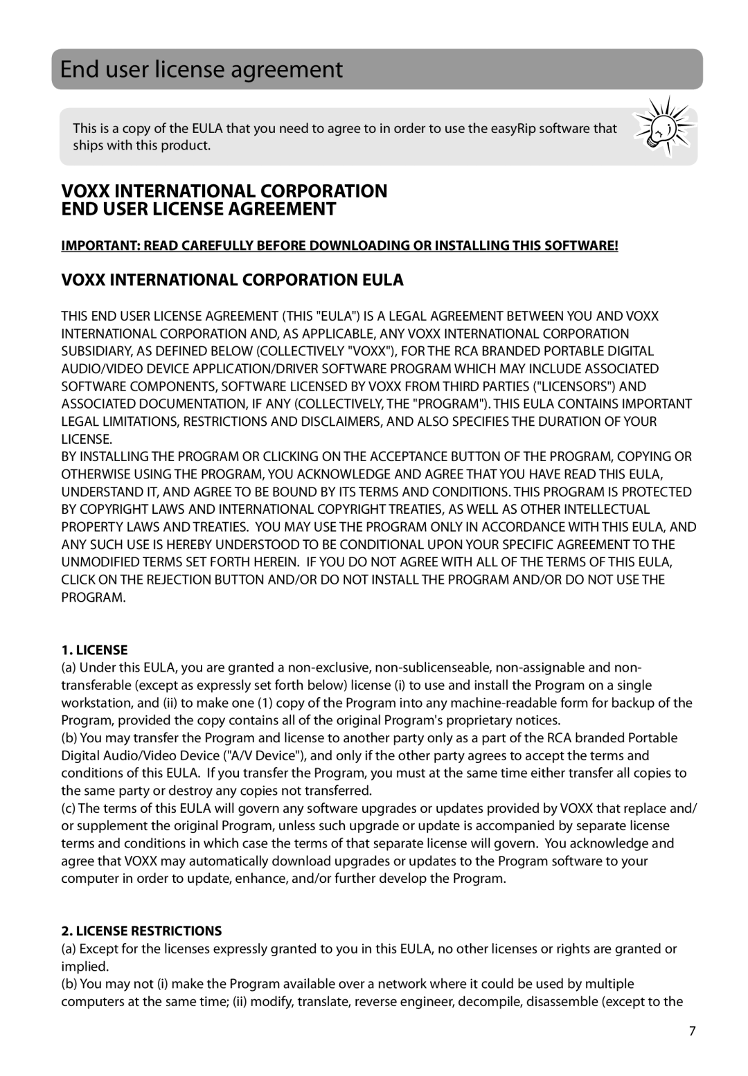 RCA M6504 user manual End user license agreement, License Restrictions 