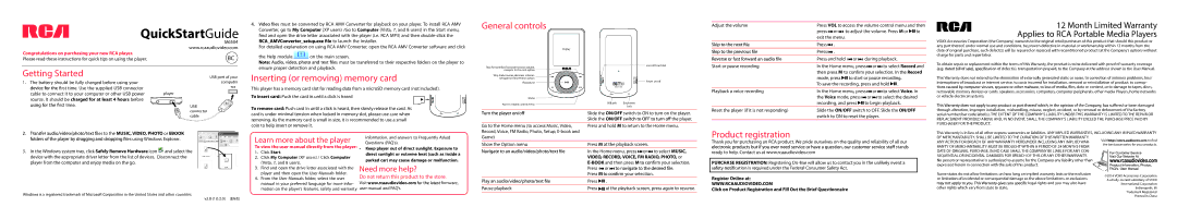 RCA M6504 quick start General controls, Getting Started, Inserting or removing memory card, Product registration 