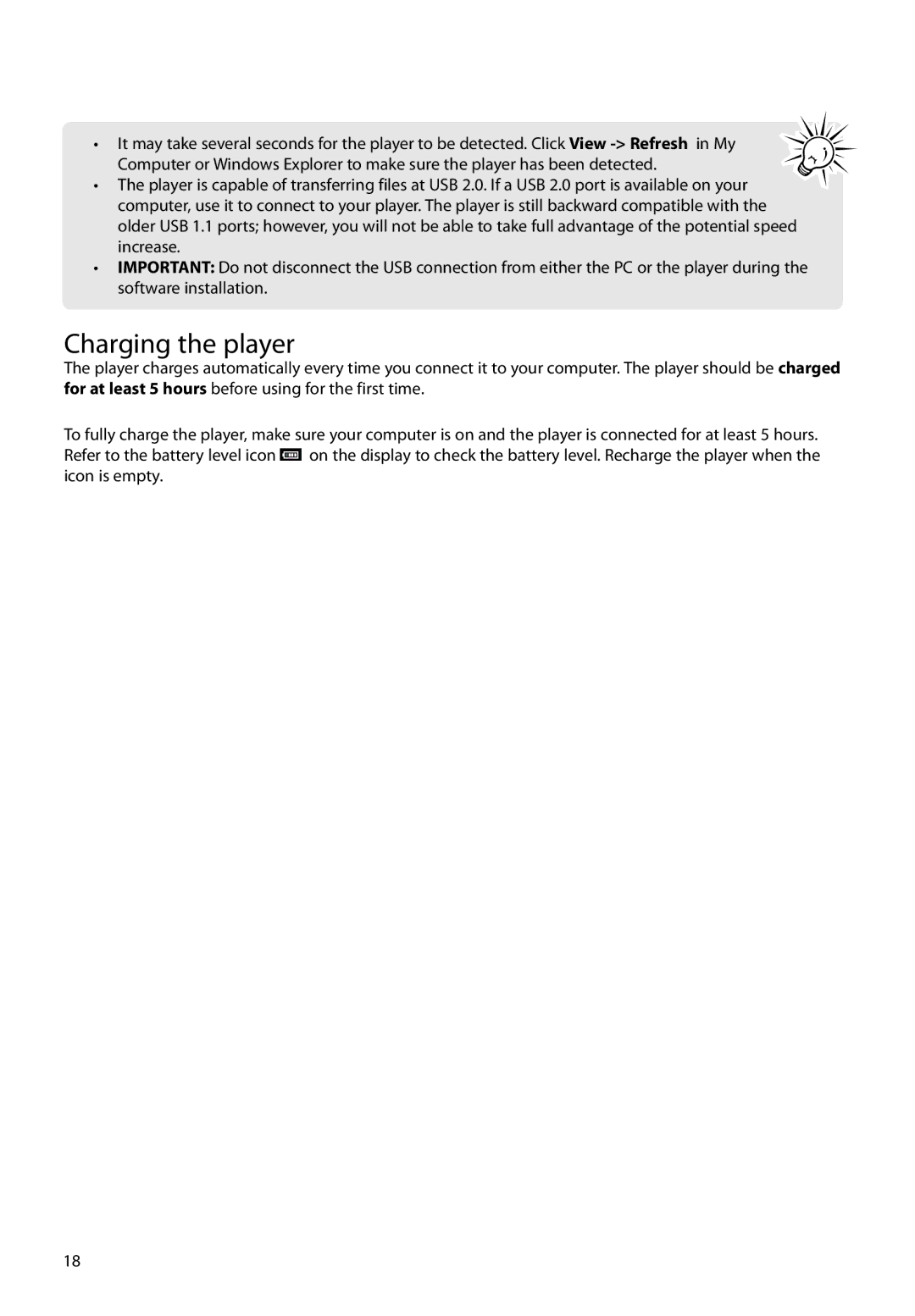 RCA M72 user manual Charging the player 