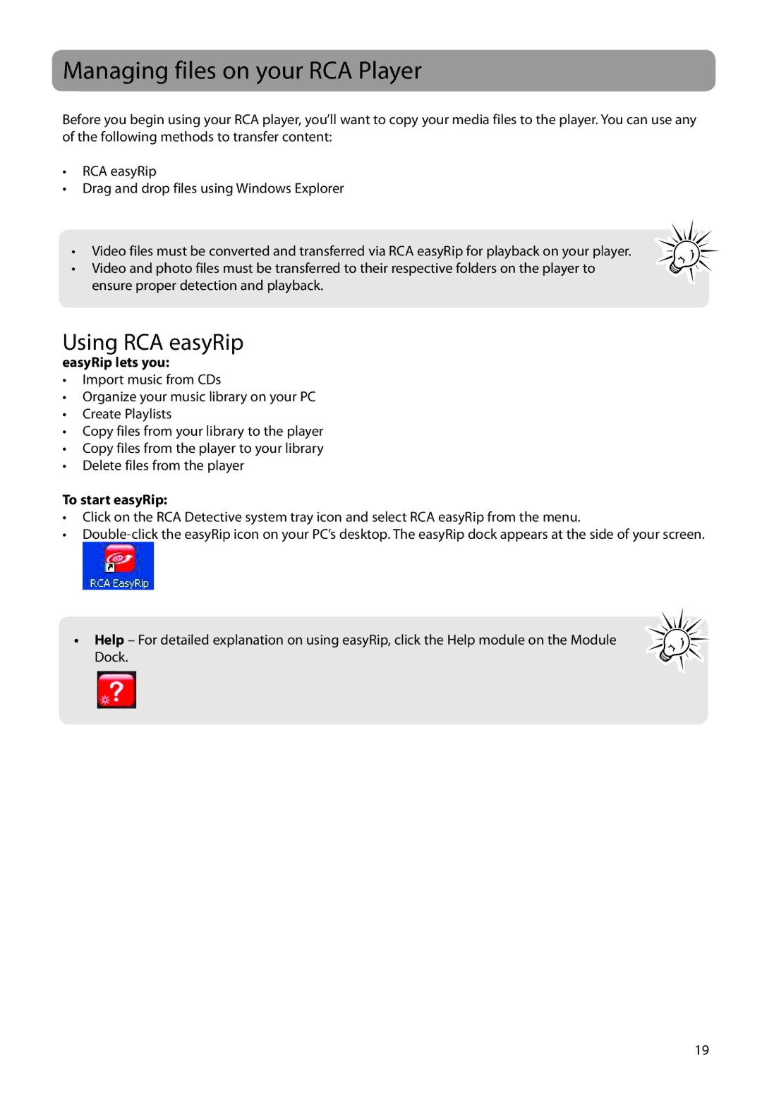 RCA M72 user manual Managing files on your RCA Player, Using RCA easyRip, EasyRip lets you, To start easyRip 