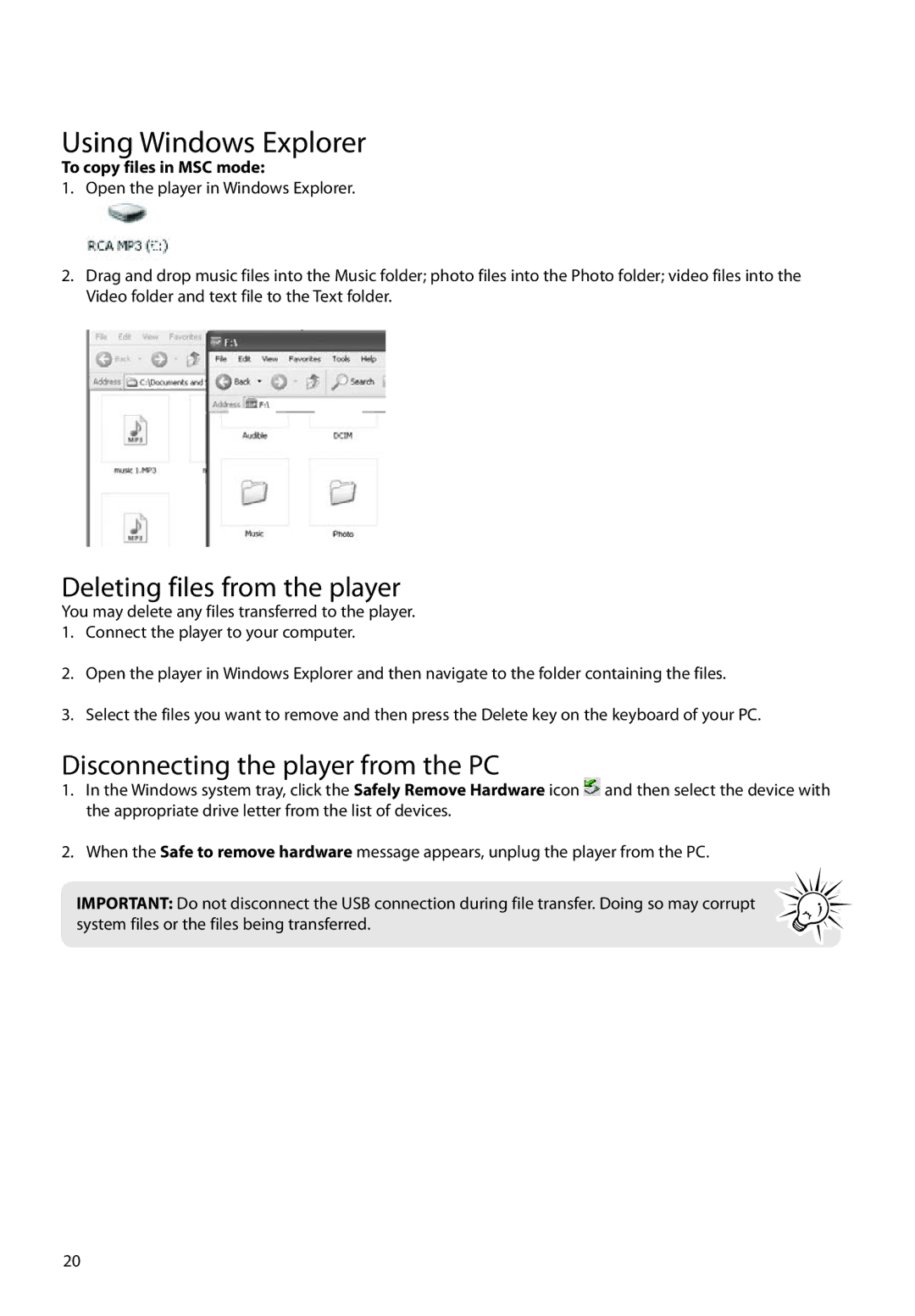 RCA M72 user manual Using Windows Explorer, Deleting files from the player, Disconnecting the player from the PC 