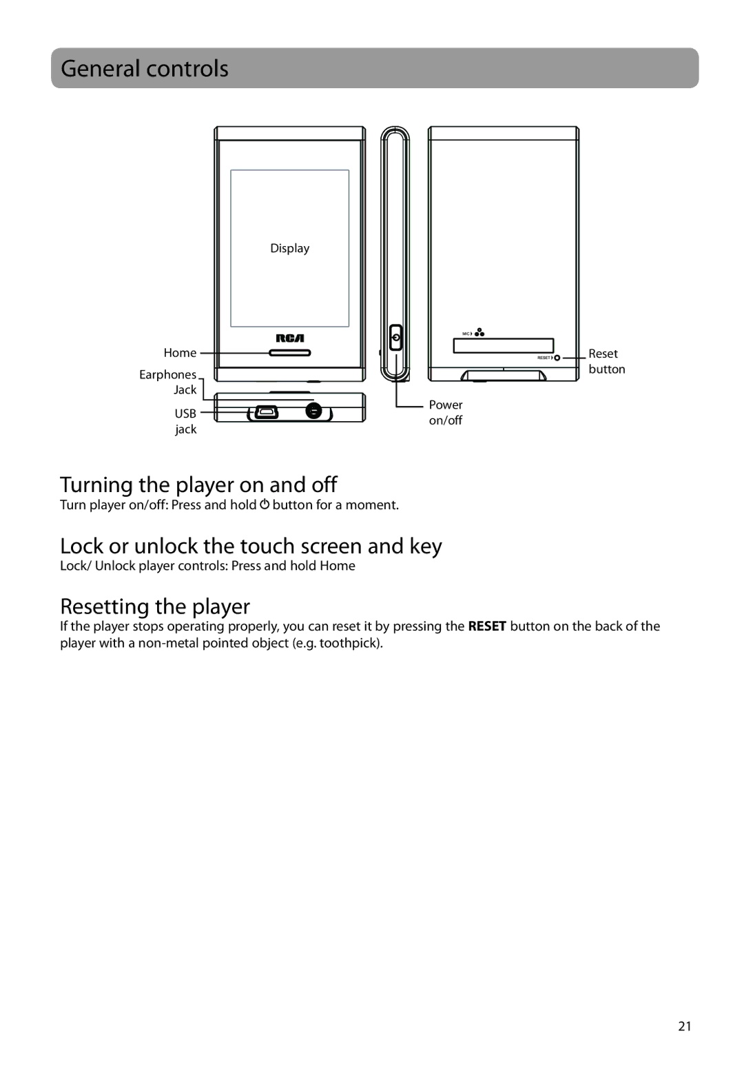 RCA M72 General controls, Turning the player on and off, Lock or unlock the touch screen and key, Resetting the player 