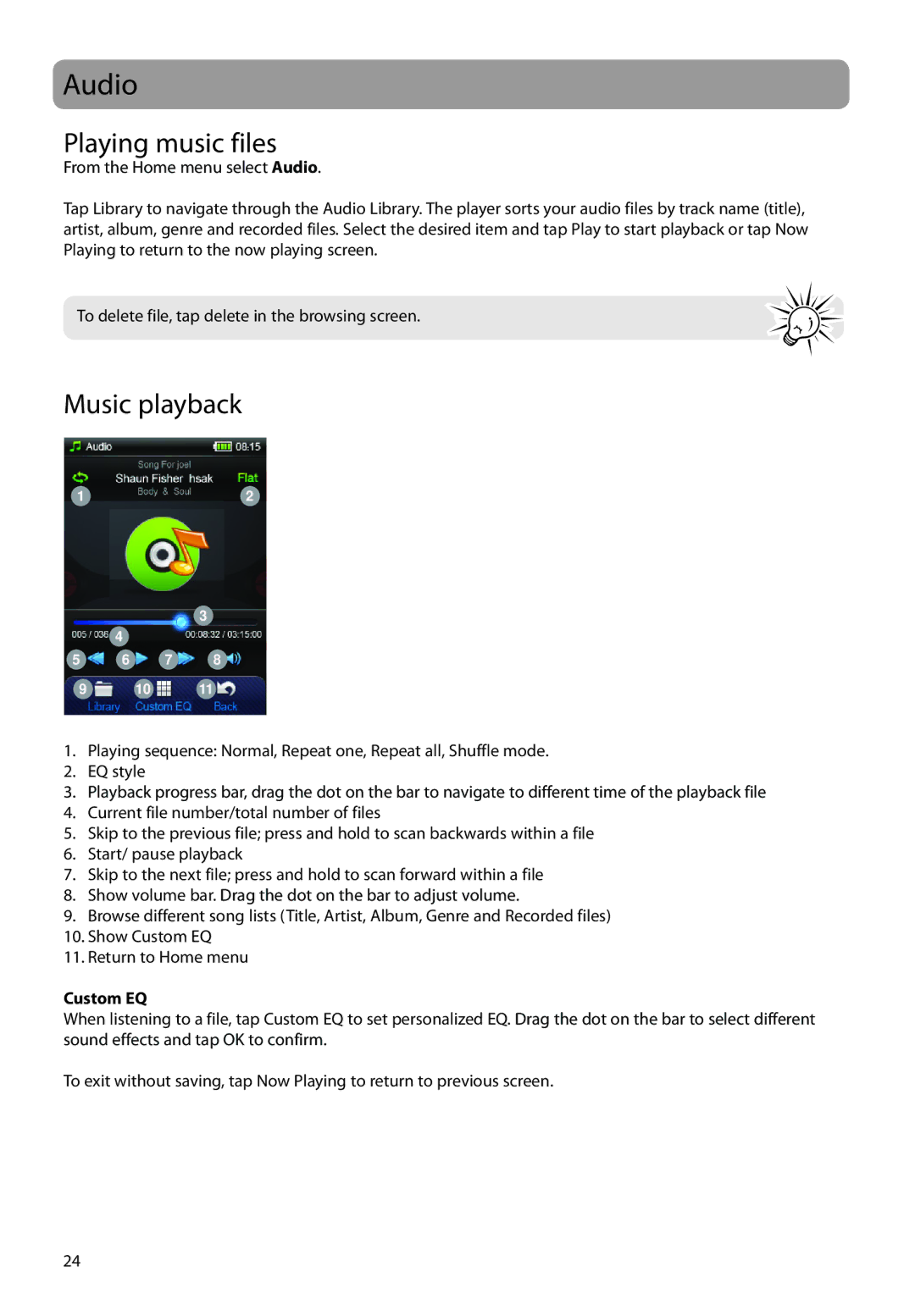 RCA M72 user manual Audio, Playing music files, Music playback, Custom EQ 