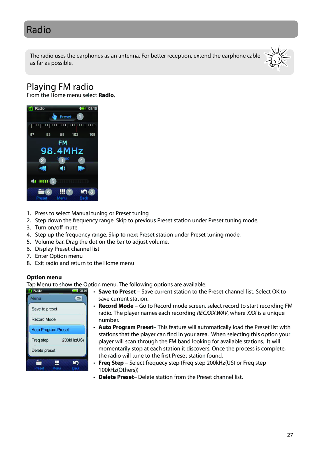 RCA M72 user manual Radio, Playing FM radio, Option menu 