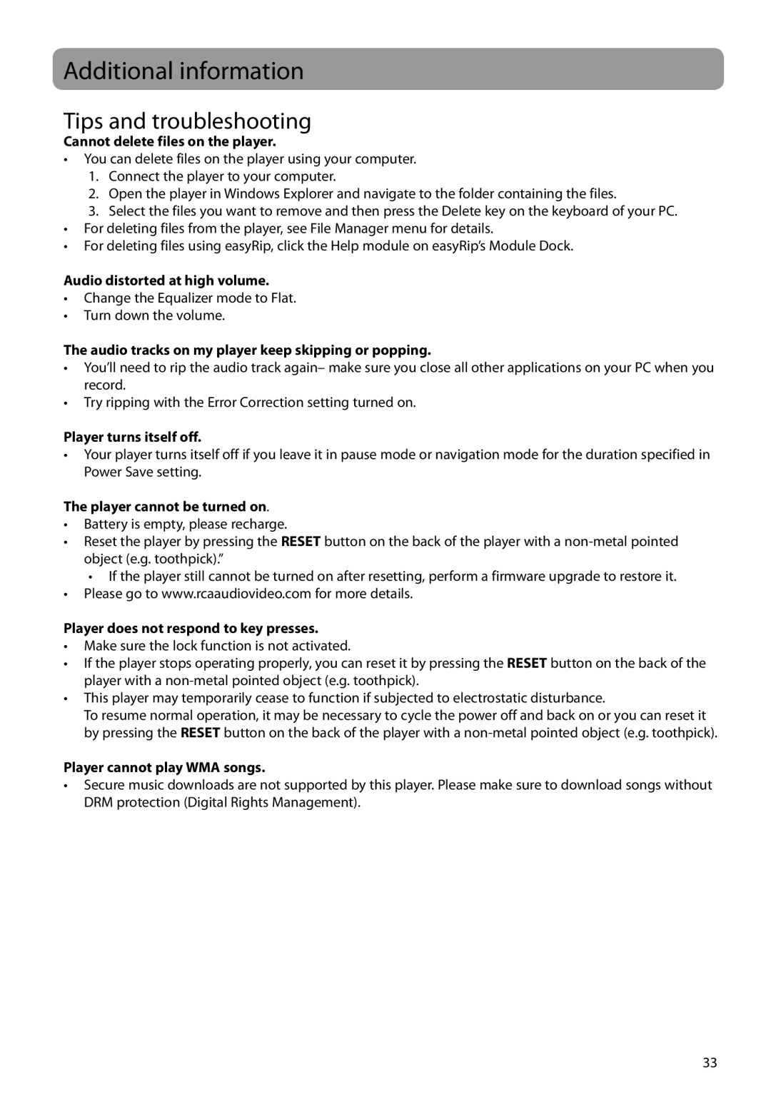 RCA M72 user manual Additional information, Tips and troubleshooting 