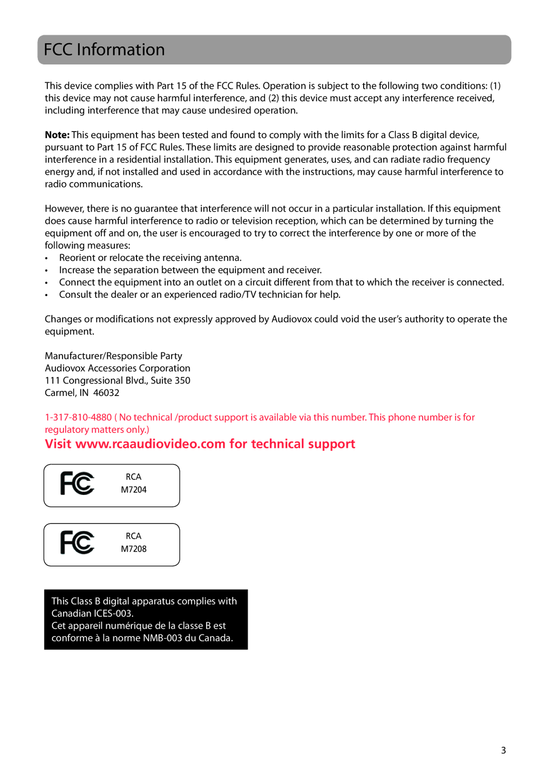 RCA M72 user manual FCC Information 