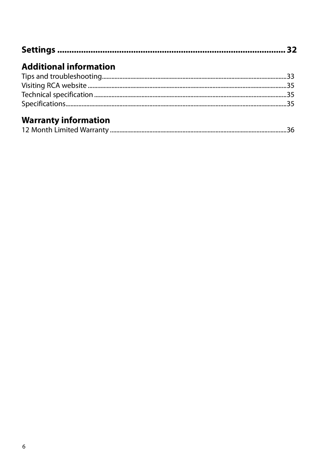 RCA M72 user manual Settings Additional information 