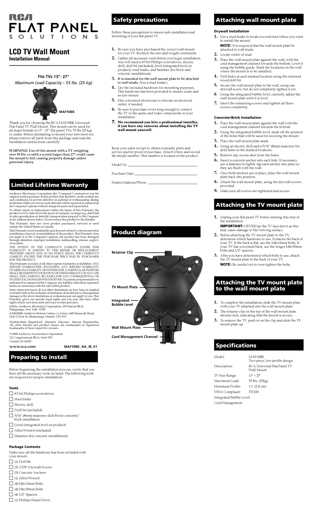 RCA MAF10BK installation manual Limited Lifetime Warranty, Preparing to install, Safety precautions, Product diagram 