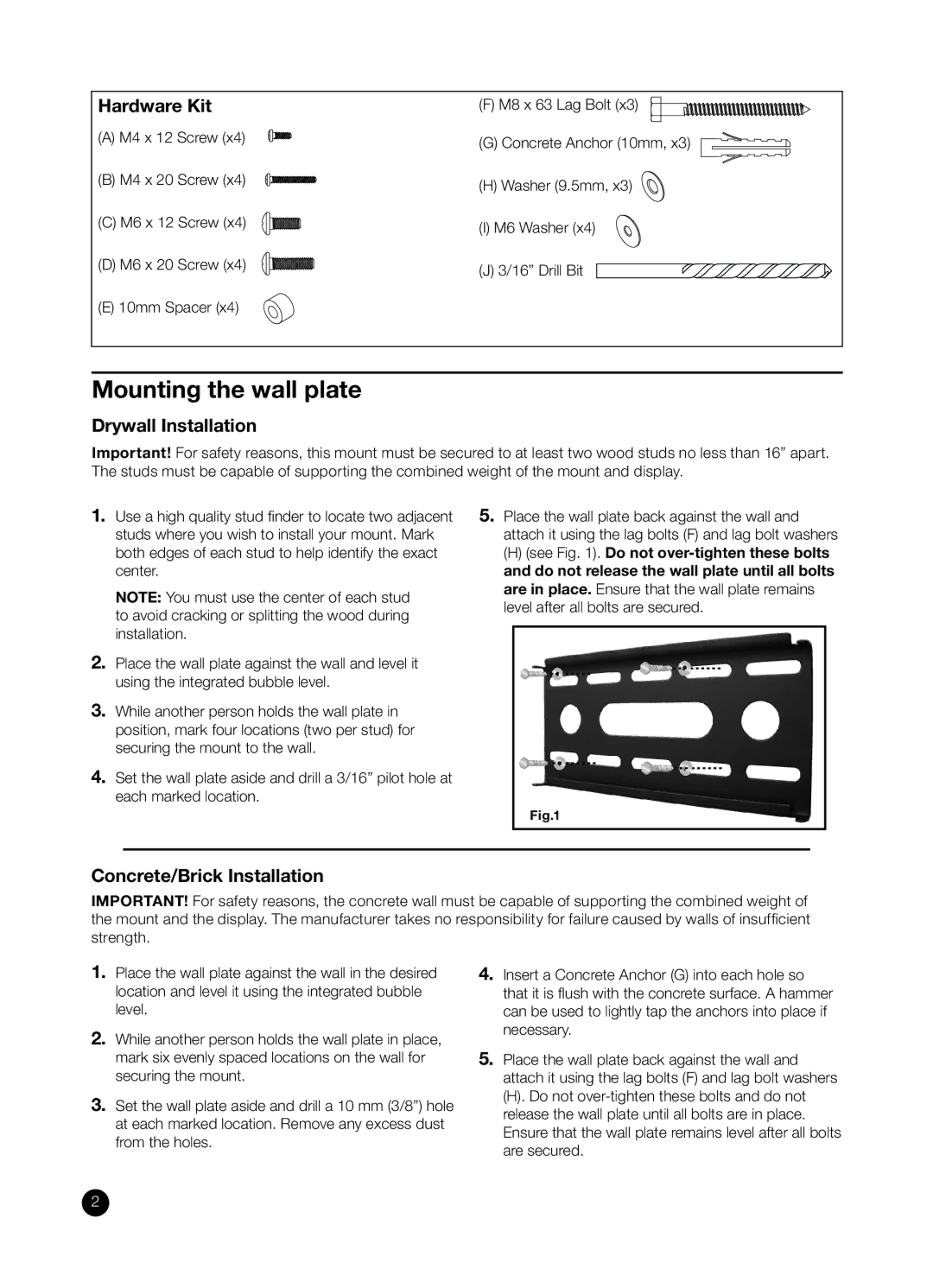 RCA MAF15BKR installation manual Mounting the wall plate, Hardware Kit, Drywall Installation, Concrete/Brick Installation 