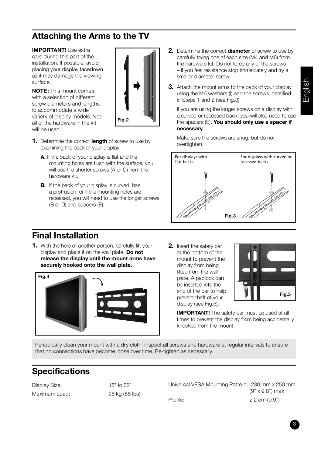 RCA MAF15BKR installation manual Attaching the Arms to the TV, Final Installation, Speciﬁcations, necessary, English 