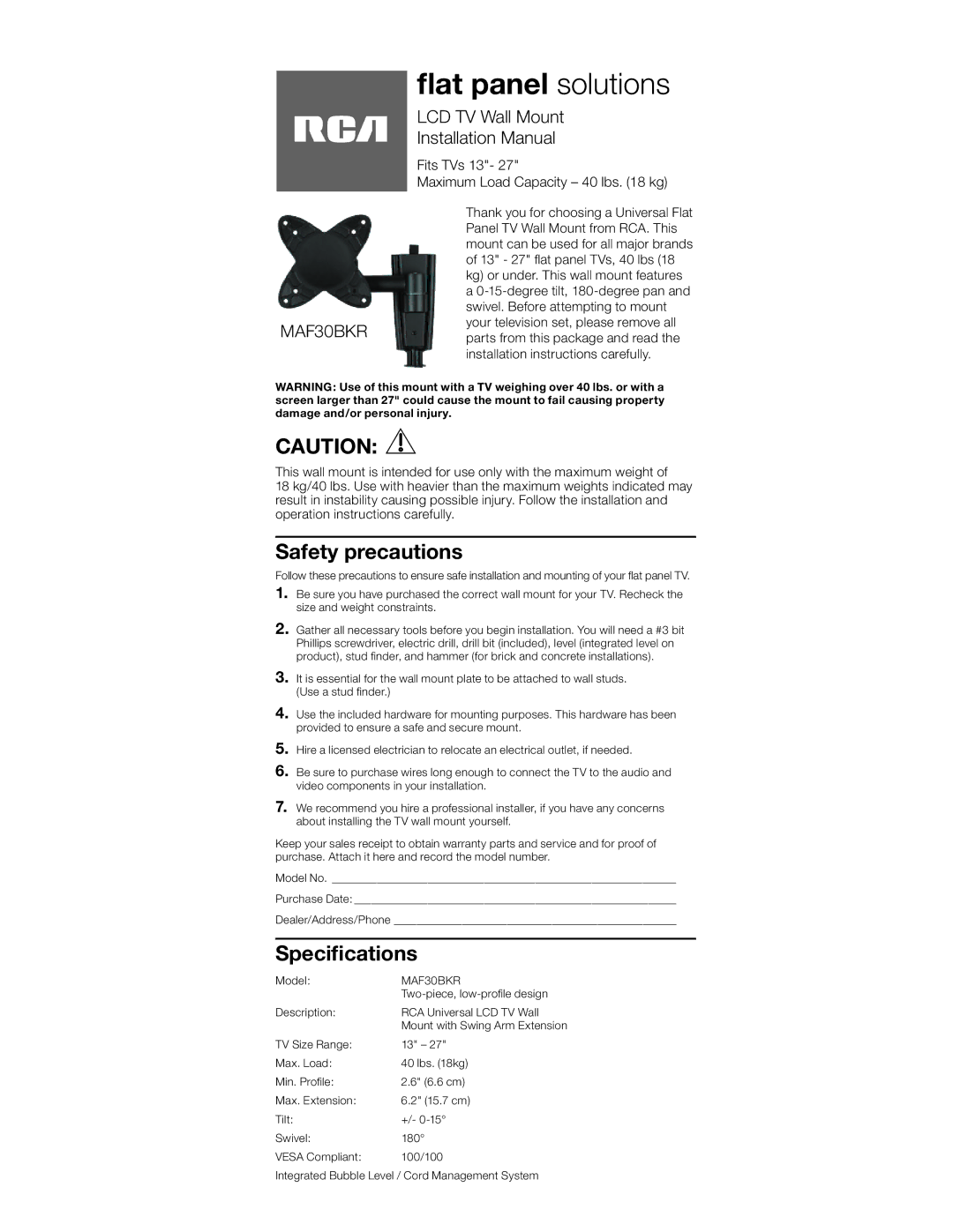 RCA MAF30BKR specifications ﬂat panel solutions, Fits TVs 13 Maximum Load Capacity 40 lbs kg 