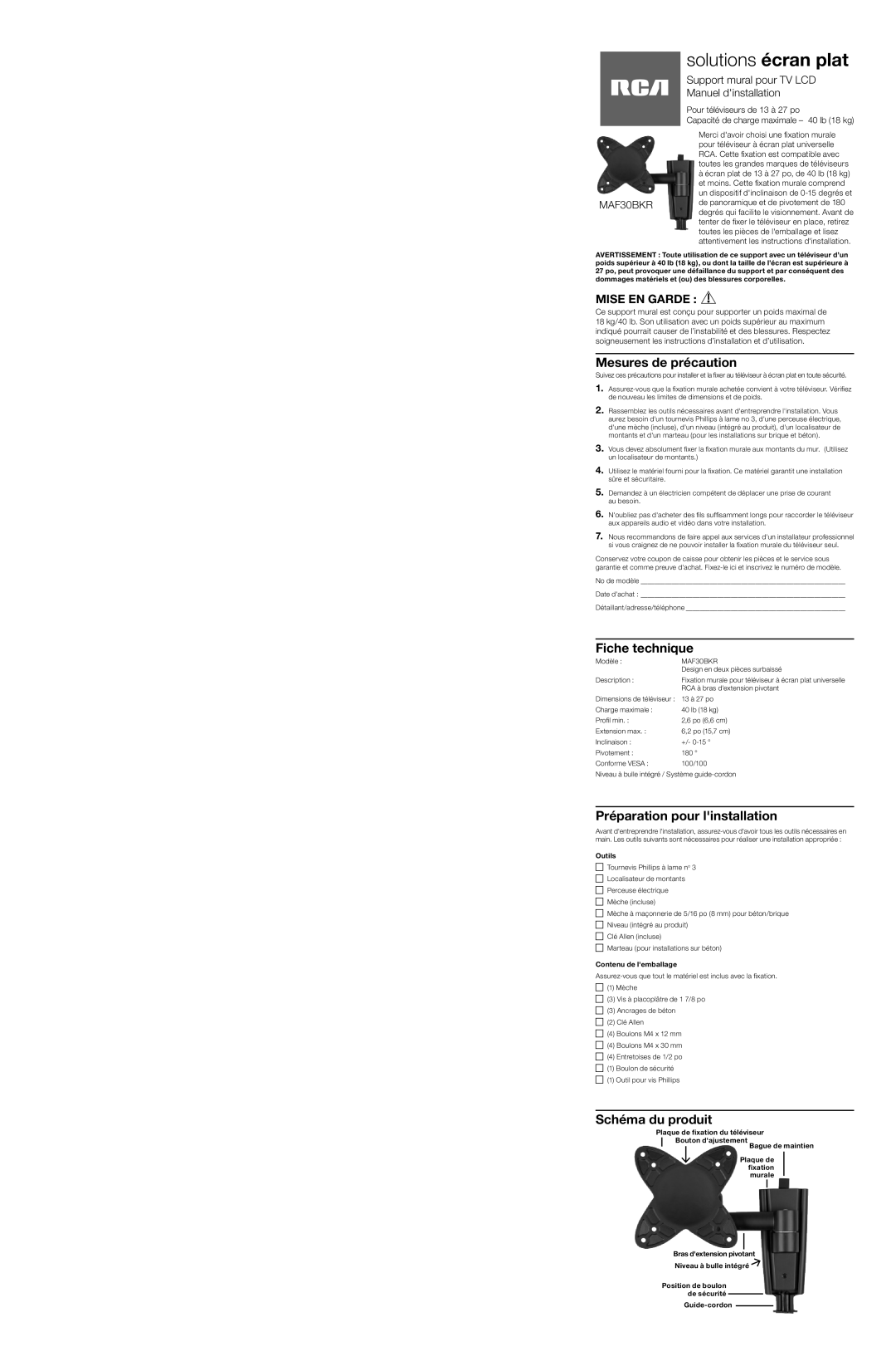 RCA MAF30BKR specifications Mesures de précaution, Fiche technique, Préparation pour linstallation, Schéma du produit 