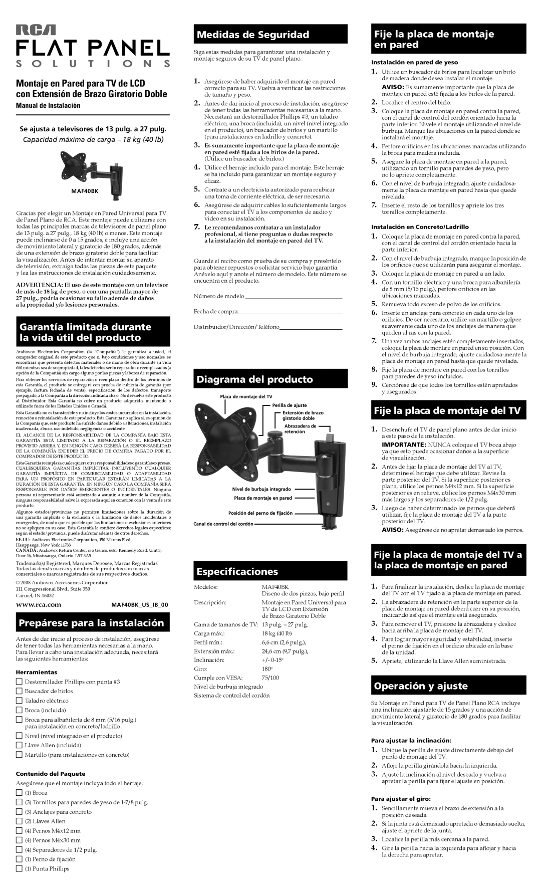 RCA MAF40BK Garantía limitada durante la vida útil del producto, Prepárese para la instalación, Medidas de Seguridad 