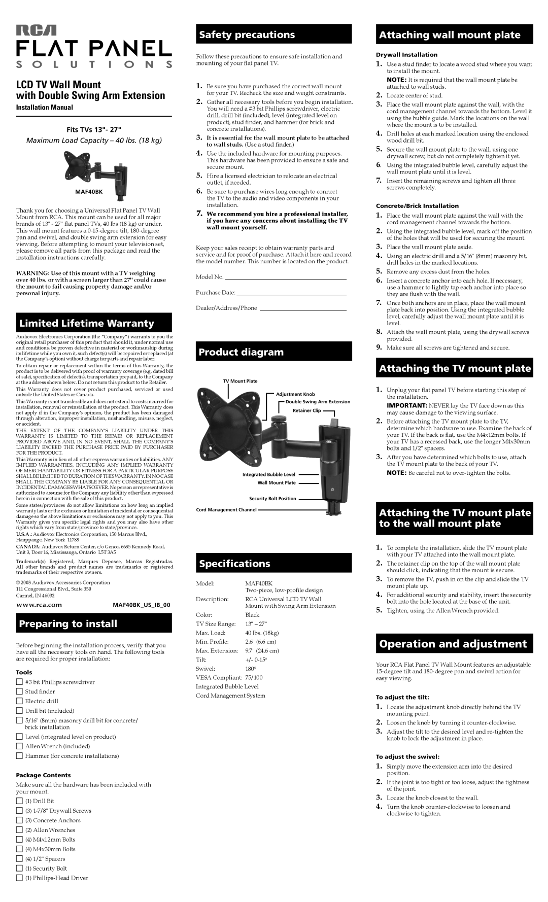 RCA MAF40BK installation manual Limited Lifetime Warranty, Preparing to install, Safety precautions, Product diagram 