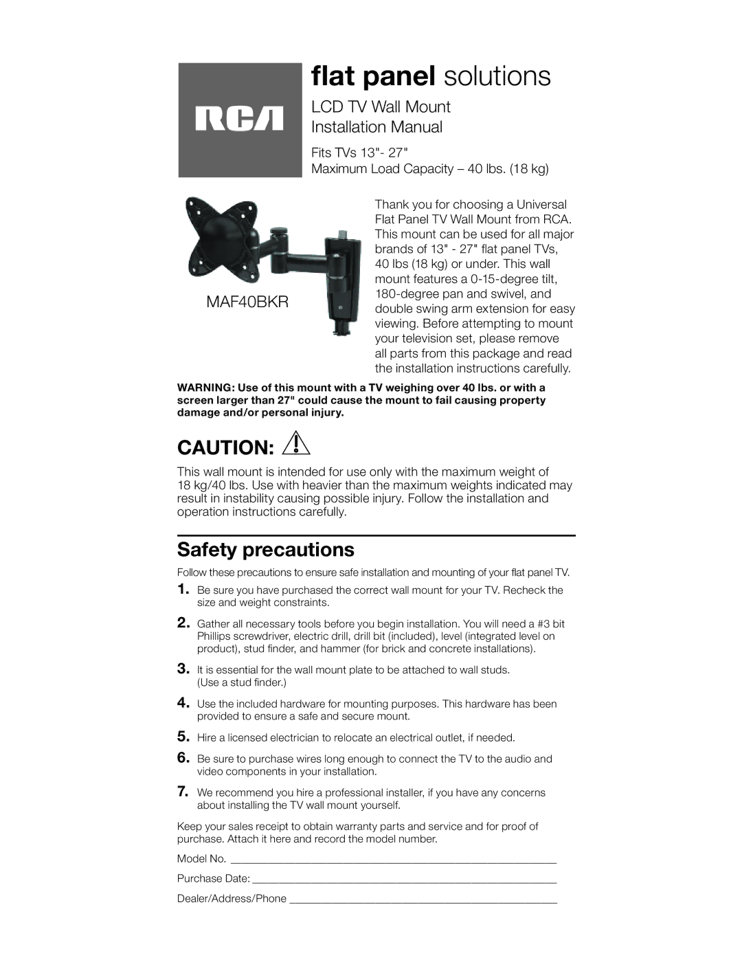 RCA MAF40BKR specifications ﬂat panel solutions 