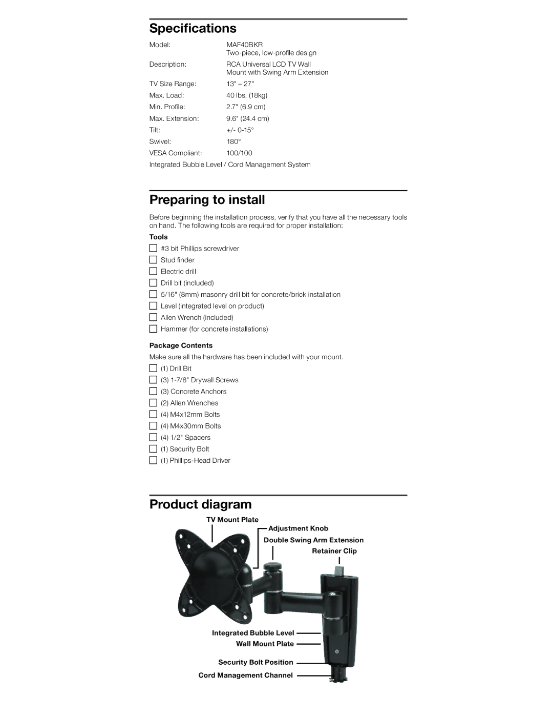 RCA MAF40BKR specifications Speciﬁcations 