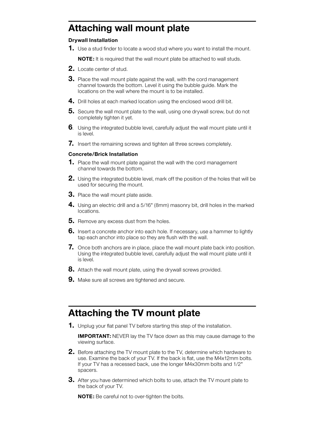 RCA MAF40BKR specifications Attaching wall mount plate 