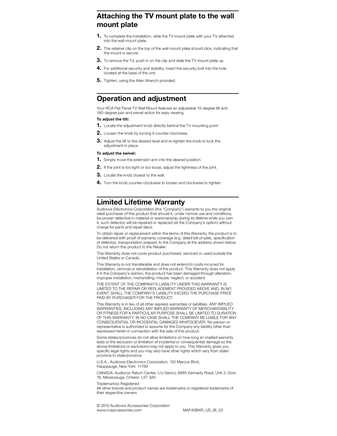 RCA MAF40BKR specifications Attaching the TV mount plate to the wall mount plate 