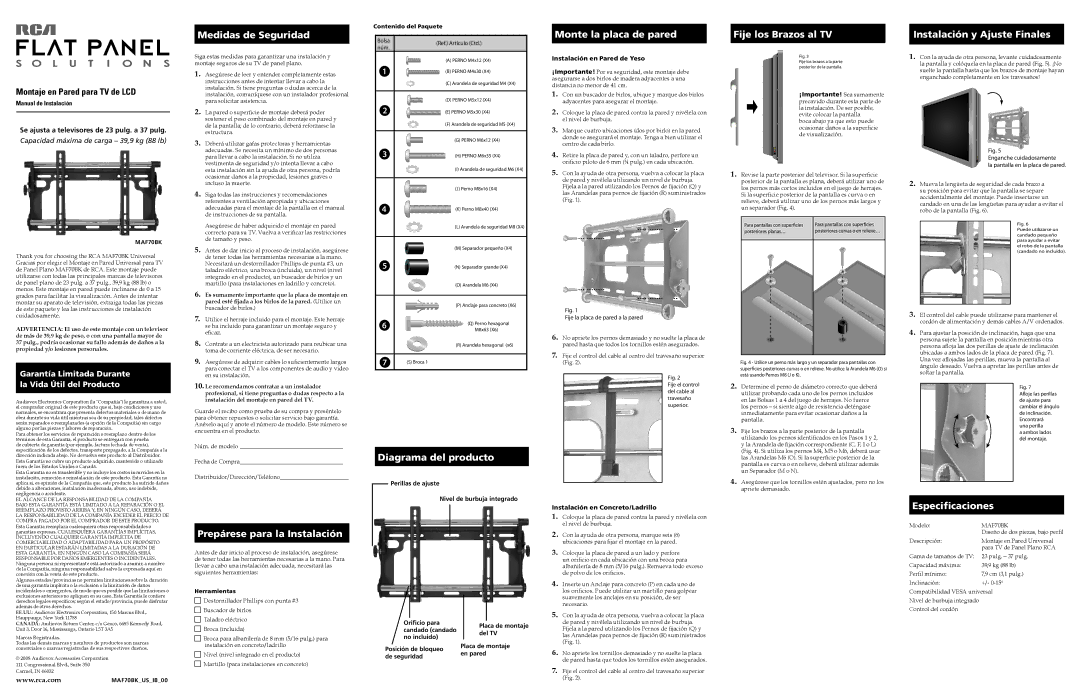 RCA MAF70BK Medidas de Seguridad, Monte la placa de pared, Fije los Brazos al TV, Instalación y Ajuste Finales 