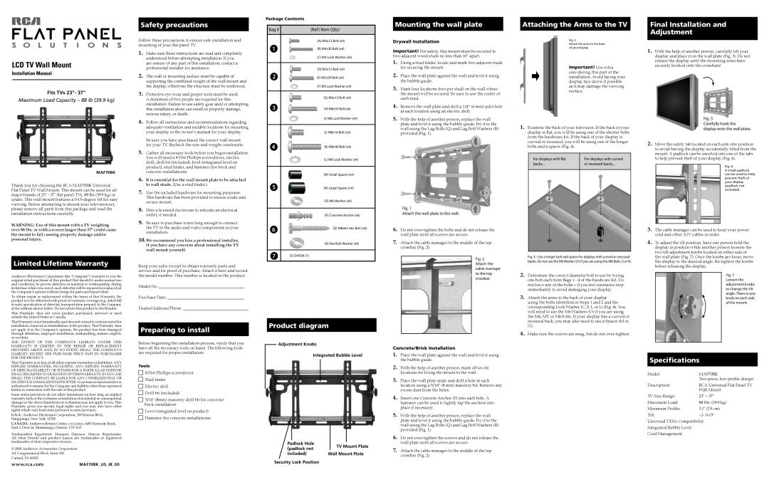 RCA MAF70BK installation manual Safety precautions, Mounting the wall plate, Attaching the Arms to the TV, Product diagram 