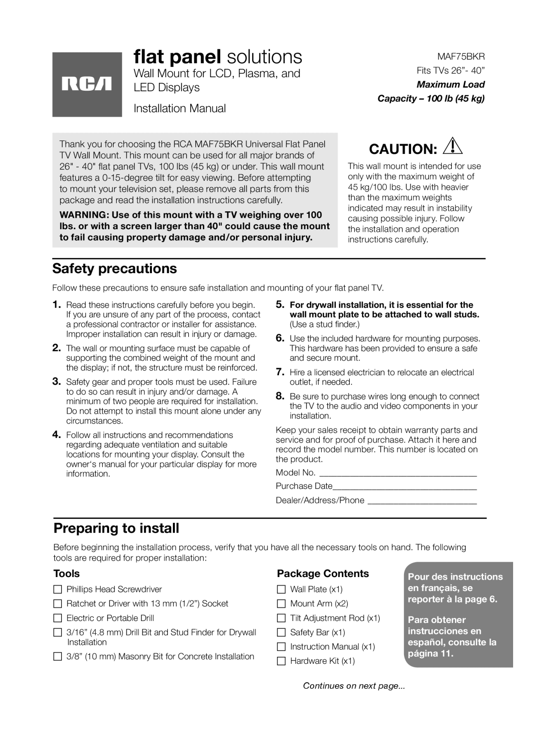 RCA MAF75BKR installation manual Safety precautions, Preparing to install, Tools, Package Contents 