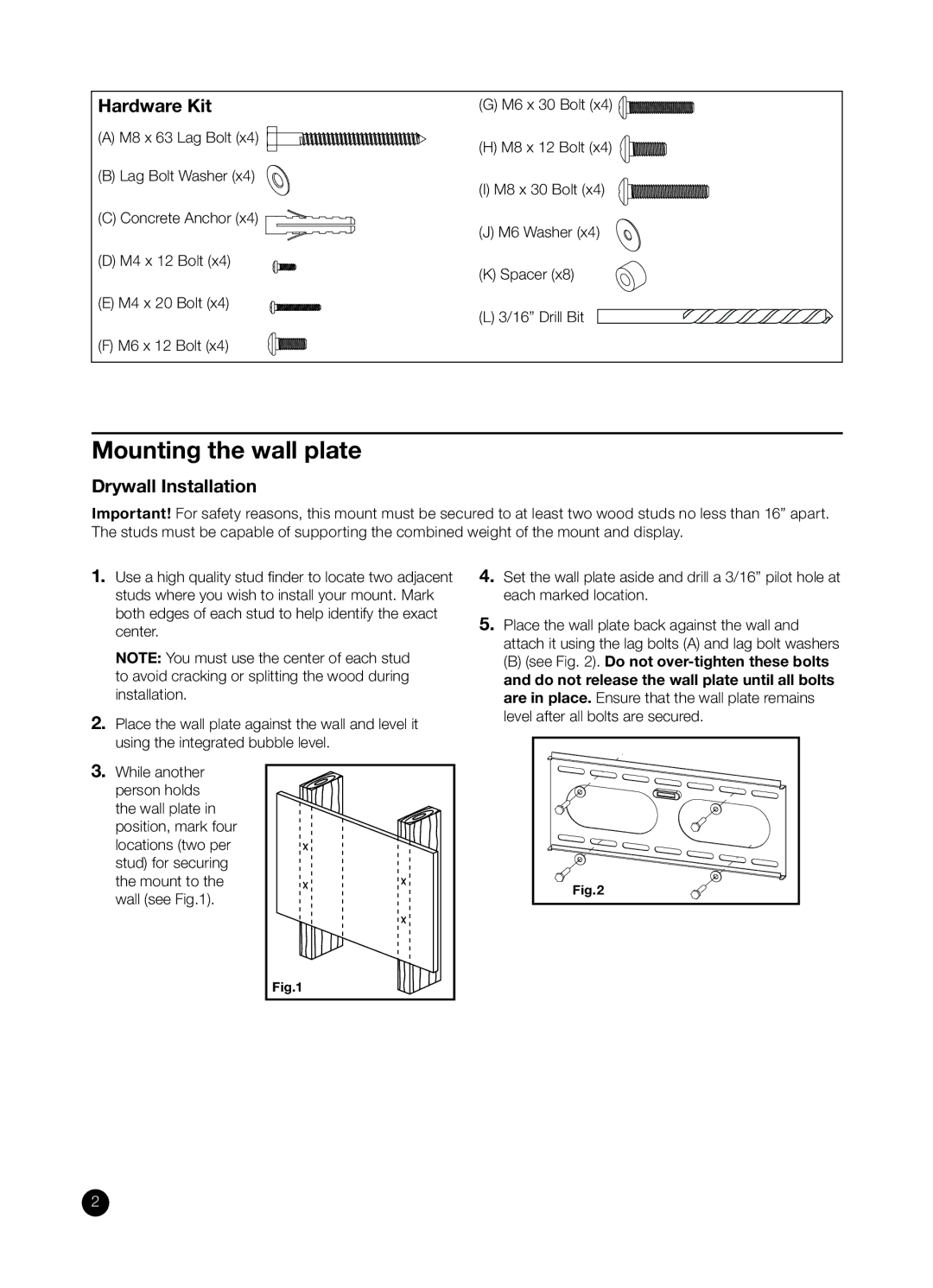 RCA MAF75BKR installation manual Mounting the wall plate, Hardware Kit, Drywall Installation 